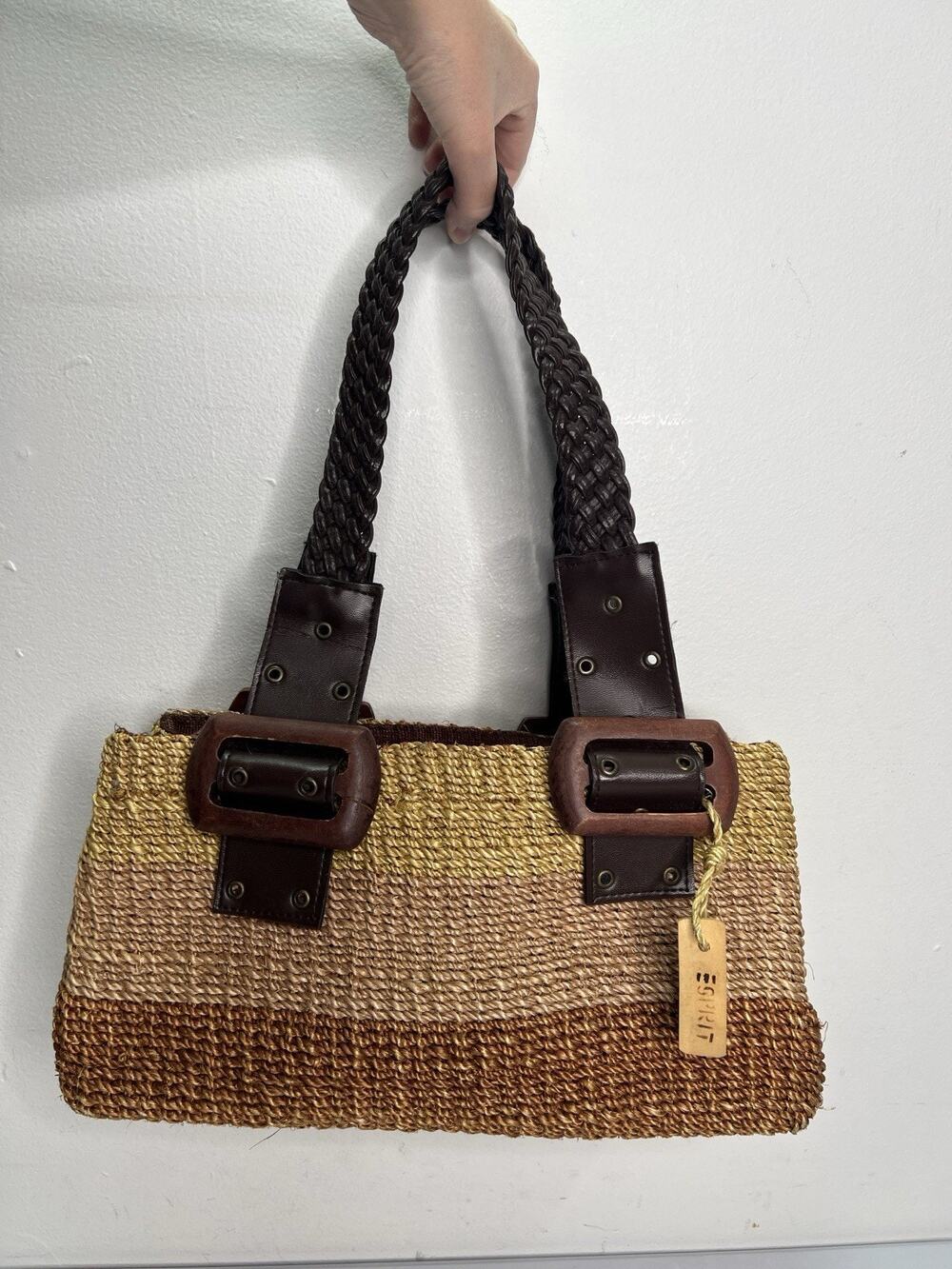 Vintage Esprit Woven Straw Tote Purse Buckles Y2K Boho Handbag